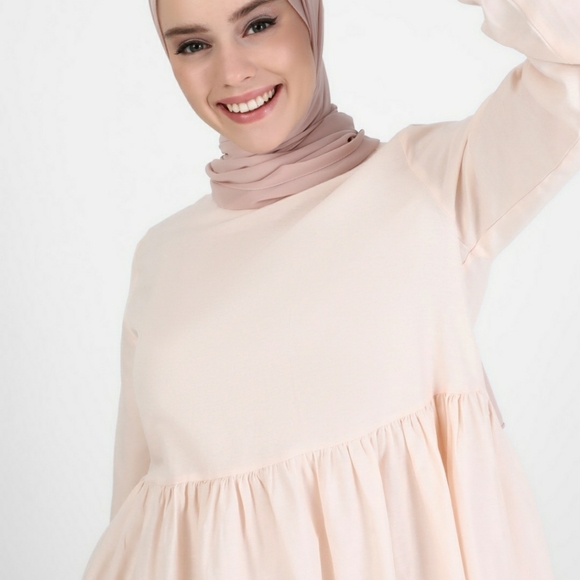 Powder crew neck unlined modest dress - Picture 2 of 5